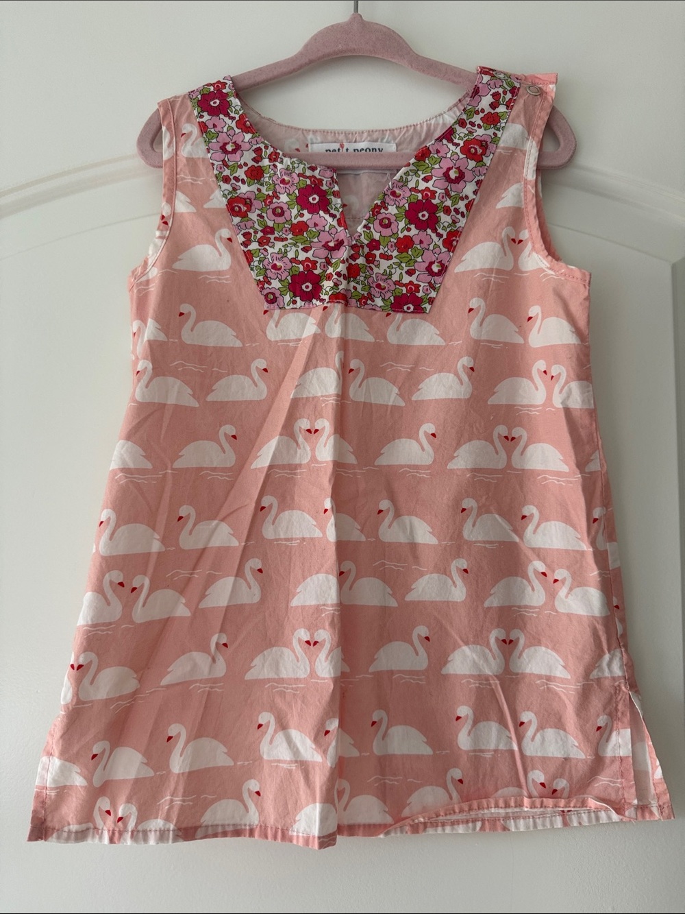 Girls Pink Swan Print Casual Dress with Floral Yoke